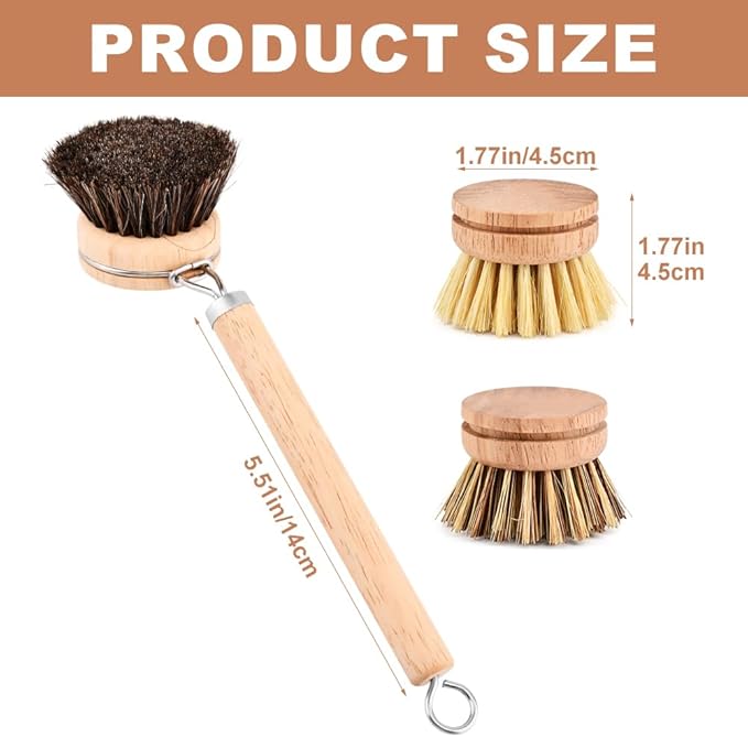 Bamboo Dish Brush with Handle,Natural Kitchen Brushes with 3pcs Replacement Heads, Horsehair, Sisal, Palm,All Purpose Kitchen Scrub Brush,Fruit and Veggie Brush Scrubber