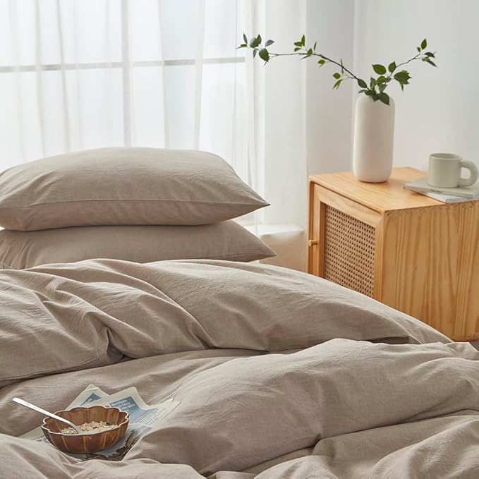 FACE TWO FACE Bedding Duvet Cover Set100% Washed Cotton Duvet Cover Linen Like Textured Breathable Durable Soft Comfy (Full, Khaki)