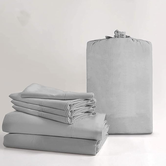 100% Real Certified Organic Cotton Bedsheet Set, Full-XL Size 6 Piece 800-Thread-Count Sheet Set, [1 Fitted + 1 Flat + 4 Pillowcases], Extra 30" Deep Pocket - Light Grey