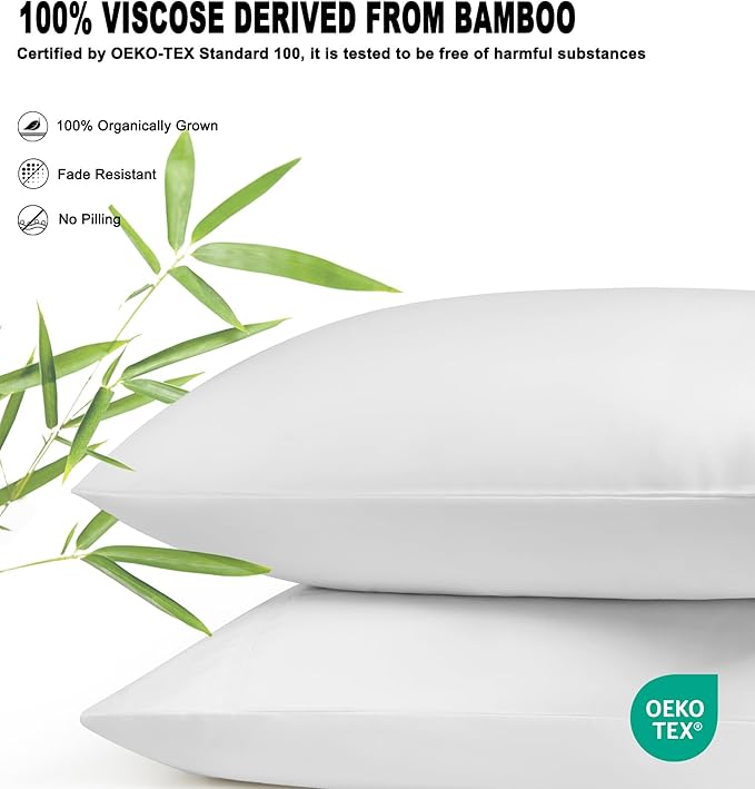 100% Rayon Derived from Bamboo Pillowcases Queen Size Set of 2, Silky Soft Easy Care Cooling Pillow Cases, White 20x30 Inches