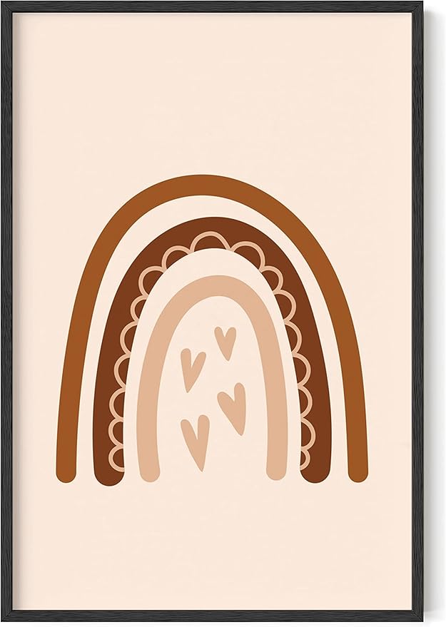 Boho Nursery Rainbow Wall Art with Hearts Earth Tones Terracotta Brown Scandi Minimalist Style 24x36 Inch Oak Wood Black Framed Playroom Decor Print for Kids Room