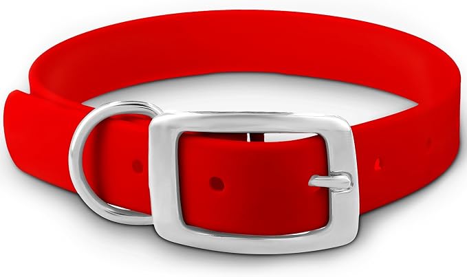 Regal Dog Products Medium Red Dog Collar with Heavy Duty Double Buckle & D Ring | Vinyl Coated, Custom Fit, Adjustable Biothane Dog Collar Chew Resistant Waterproof Collar for Dogs