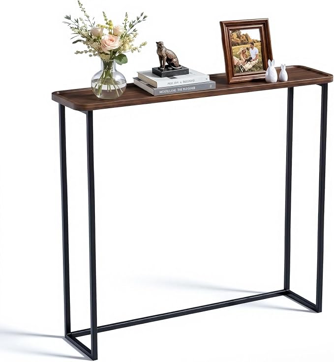 Faesun 33.5 Inch Behind Couch Table, Vacuum Forming Narrow Console Table, Thin Sofa Side Display Table, for Living Room, Bedroom, Walnut