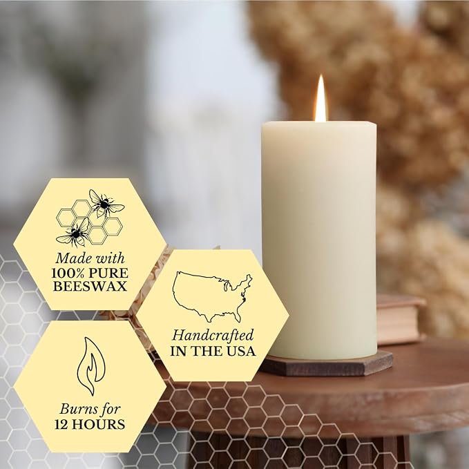 Big Dipper Wax Works Large Ivory Beeswax Pillar Candle 3" x 6" – 90-Hour Burn, Non-Toxic, Dripless, Handcrafted in USA, Clean Burning with Natural Honey Scent