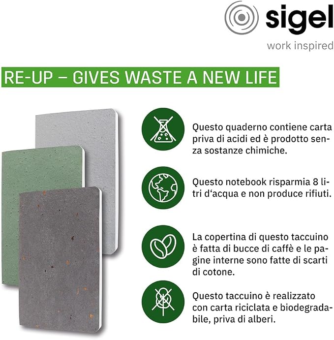 Sigel RU103 Re-Up Recycled Notebook, Lined, Thick 100 g Paper, Approx. A5, Green, Soft Cover, 100 Pages, Vegan - Cover of Coffee Bean Shells, Pages Made of Cotton Scraps