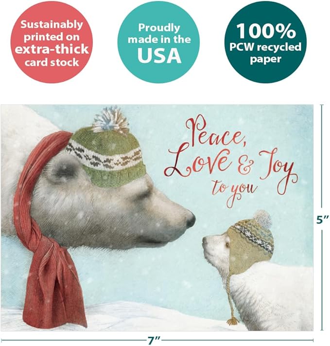 Tree-Free Greetings Peace Love Joy Holiday Cards - 10 Recycled 5x7 Cards & Matching Envelopes, Thick Cardstock, Sustainably Made in USA - Polar Bear Moment