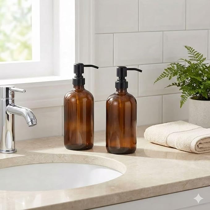 Amber Glass Jar Soap Dispenser with Matte Black Pump,16oz Round Bottle Dispenser with Stainless Steel Pump, Bathroom Soap Dispenser Set for Home Decor, Farmhouse & Kitchen Decor (Matte Black)