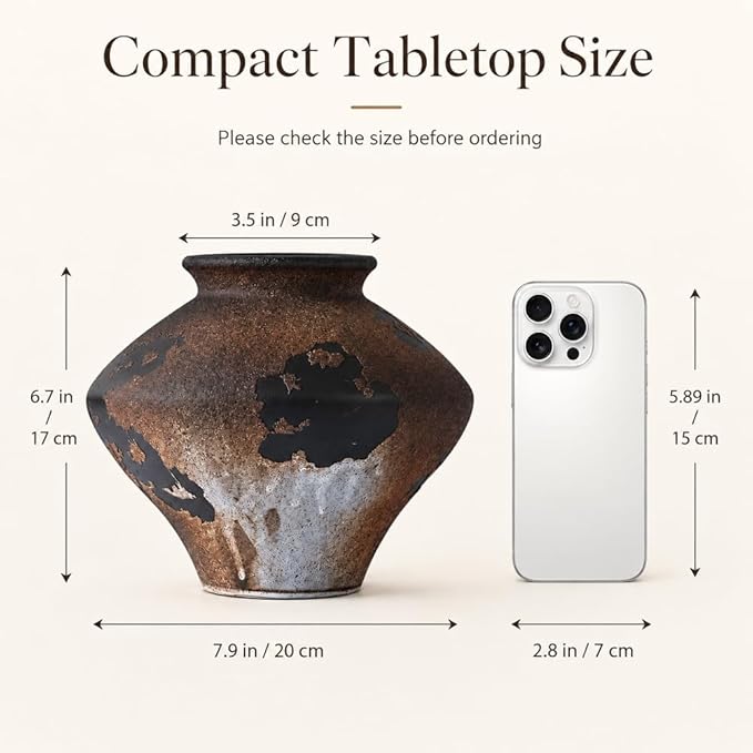 Wabi Sabi Vase, 6.7" Wabi Sabi Decor Rustic Vase, Brown Ceramic Vase for Centerpiece, Vintage Farmhouse Decor for Home Decorative, Table, Living Room, Bedroom, Bathroom, Kitchen