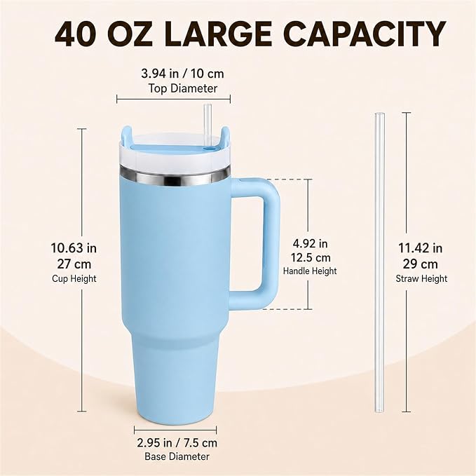 Pandance 4 Pack 40 oz Tumbler with Handle and Straw Bulk, Blue | Stainless Steel Vacuum Insulated Travel Mug, Sturdy Screw-on lid, Cup Holder Friendly, Large Capacity Cup For Iced Coffee