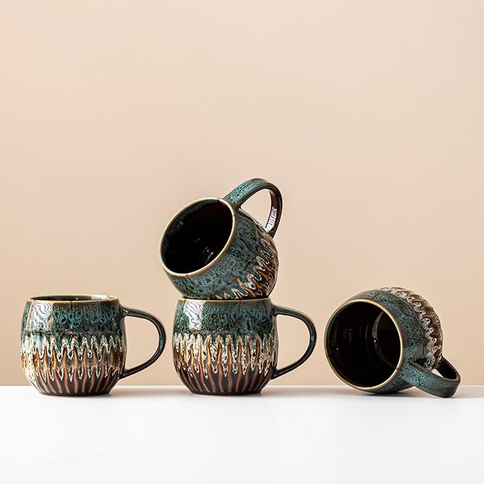 20oz Large Coffee Mug - Unique Handcrafted Look Ceramic Cup, Large Tea Mug, Microwave & Dishwasher Safe (blue,Set of 4)
