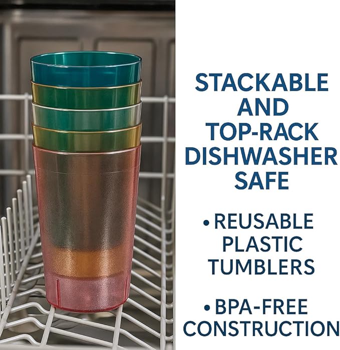 Oojami Set of 24 Plastic Tumblers, 20-Ounce Reusable Cups, BPA-Free & Shatterproof, Stackable Restaurant-Style Drinking Glasses for Water, Juice, and Everyday Use, Dishwasher Safe 20 oz