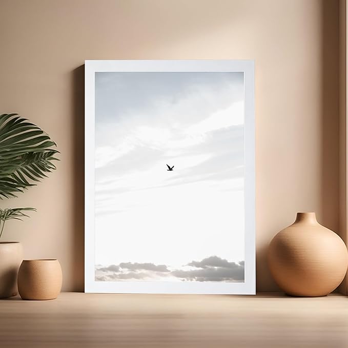 Monem Art Minimalist Bird in Sky Photography Print - Moody Nordic Landscape Art Poster - Wall Decor for Living Room, Bedroom or Office - 16x20 White Framed Wall Art by Mareike Bohmer