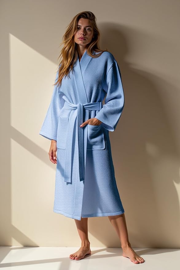 Turquaz Lightweight Waffle Knit Kimono Bathrobe - Soft Cotton Blend Spa Robe, Fast-Drying Full-Length Unisex Robes for Women