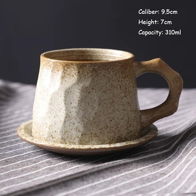 Vintage Faceted Speckled Ceramic Coffee Mug with Saucer, Rustic Stoneware Cup for Tea Latte (YF-CS03)