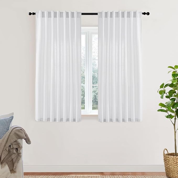 XTMYI Short Length Curtains for Windows,Linen Sheer Cutains for Bedroom Kitchen,45 Inch Long,White