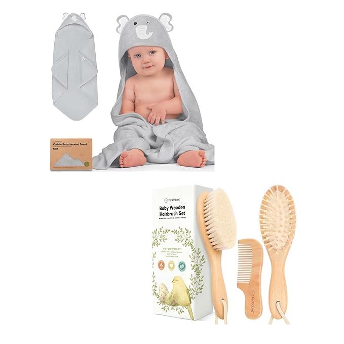 KeaBabies Baby Hooded Towel and Baby Hair Brush and Comb Set - Soft Bath Towels with Hood for Toddlers - Wooden Brush with Soft Goat Bristle for Girls, Boys, Toddlers