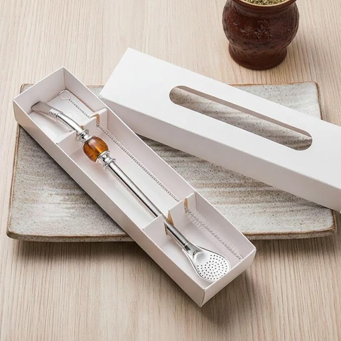 Premium Stainless Steel Bombilla with Cleaning Brush – Reusable Yerba Mate Straw with Filter Spoon – Elegant Gift Box Set (White)