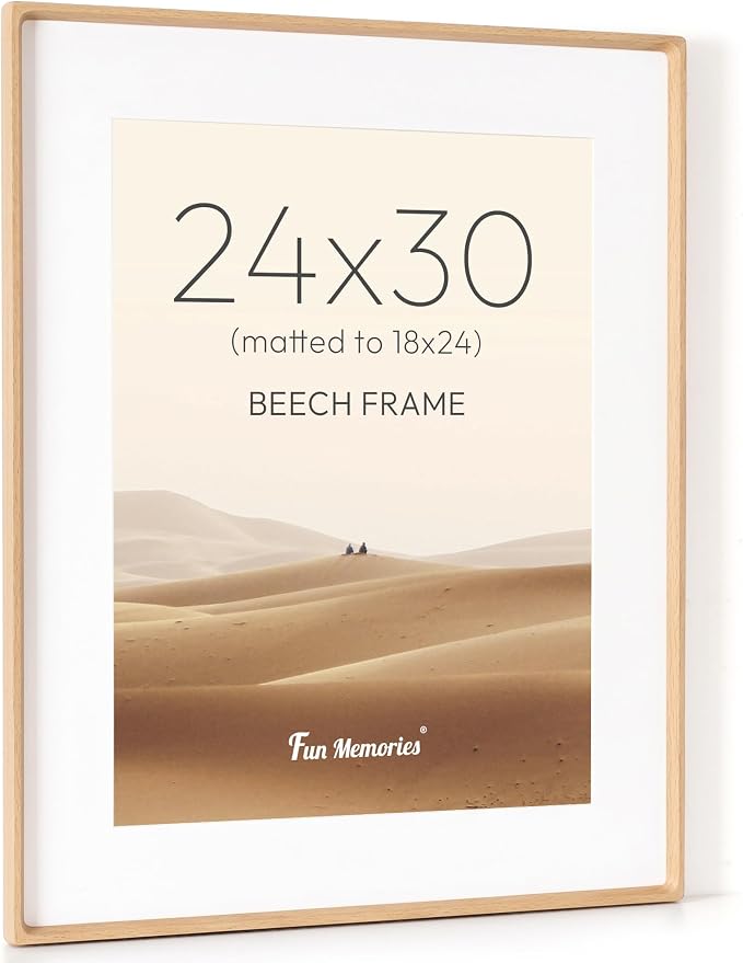 24x30 Poster Frame, USA-Sourced Beech Wood Picture Frame with HD Tempered Glass, Handcrafted Rounded Corner 24 x 30 Wooden Frames Matted to 18x24 Photos, Horizontal or Vertical Wall Display