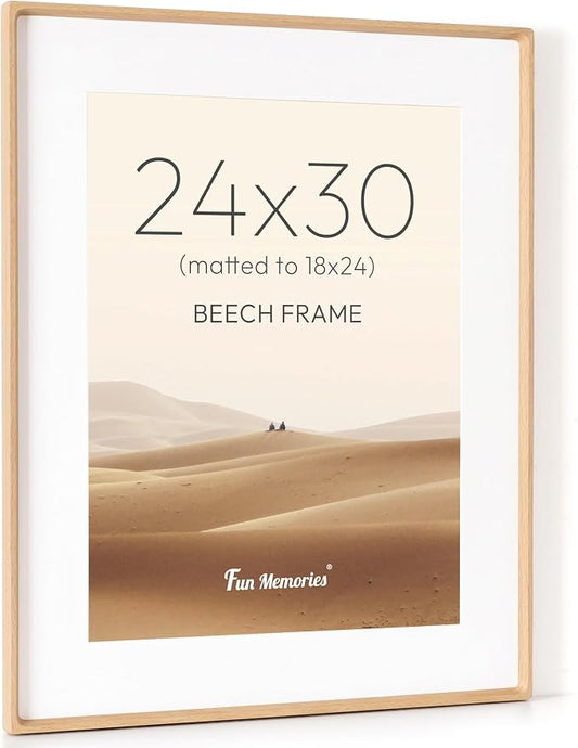 24x30 Poster Frame, USA-Sourced Beech Wood Picture Frame with HD Tempered Glass, Handcrafted Rounded Corner 24 x 30 Wooden Frames Matted to 18x24 Photos, Horizontal or Vertical Wall Display