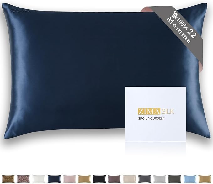 ZIMASILK 22 Momme Silk Pillowcase for Hair and Skin - 100% Pure Mulberry Silk with Hidden Zipper, Grade 6A Luxury Pillow Case for Women, Soft & Durable, Gift Box (Standard 20"x26" Navy Blue)