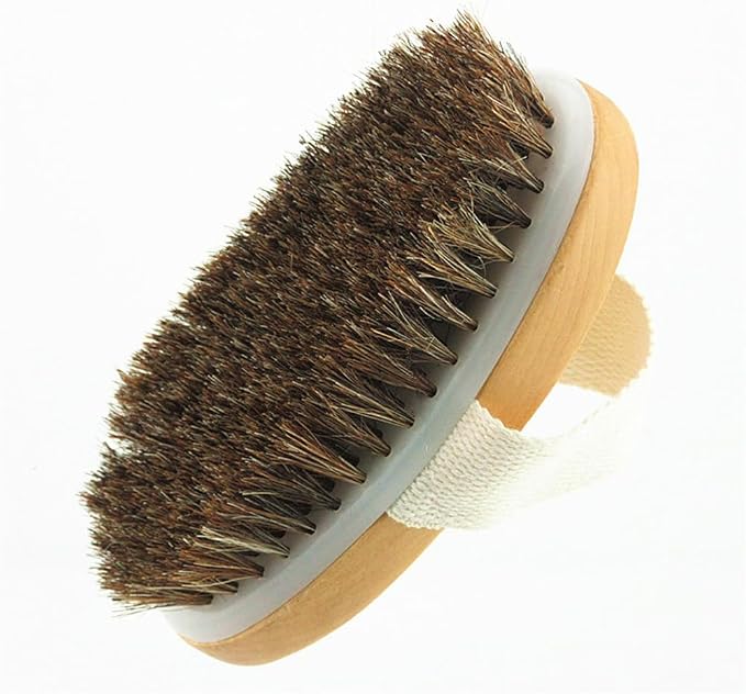 Wooden Soft Horsehair Mane Natural Bristles Bath & Shower Brush, 5x2.8 Inch Oval Shape Dry Body Brush Scrubber for Exfoliating, Detox and Cellulite, etc. (Brown Horsehair)