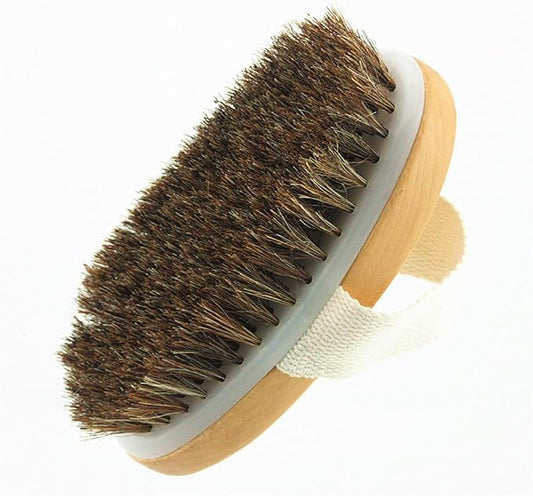 Wooden Soft Horsehair Mane Natural Bristles Bath & Shower Brush, 5x2.8 Inch Oval Shape Dry Body Brush Scrubber for Exfoliating, Detox and Cellulite, etc. (Brown Horsehair)