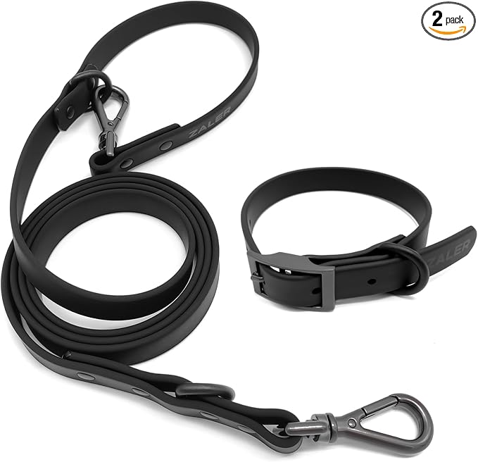 ZALER Dog Collar and Leash Set, Waterproof Adjustable Odor Proof Pet Collars Leashes Easy to Clean, 6FT Dog Leash with 2 Hooks for Large, Medium Small Dogs (S, Black)