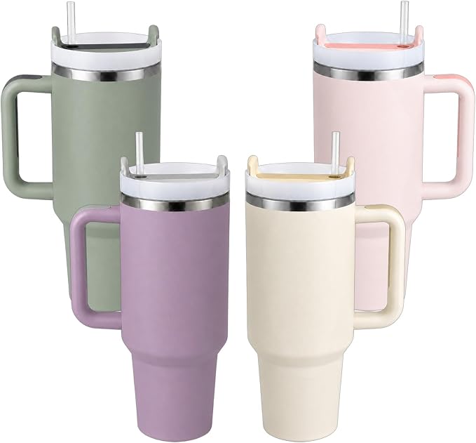 Pandance 4 Pack 40 oz Tumbler with Handle and Straw Bulk, Pastel Mix | Stainless Steel Vacuum Insulated Travel Mug, Sturdy Screw-on lid, Cup Holder Friendly, Large Capacity Cup For Iced Coffee