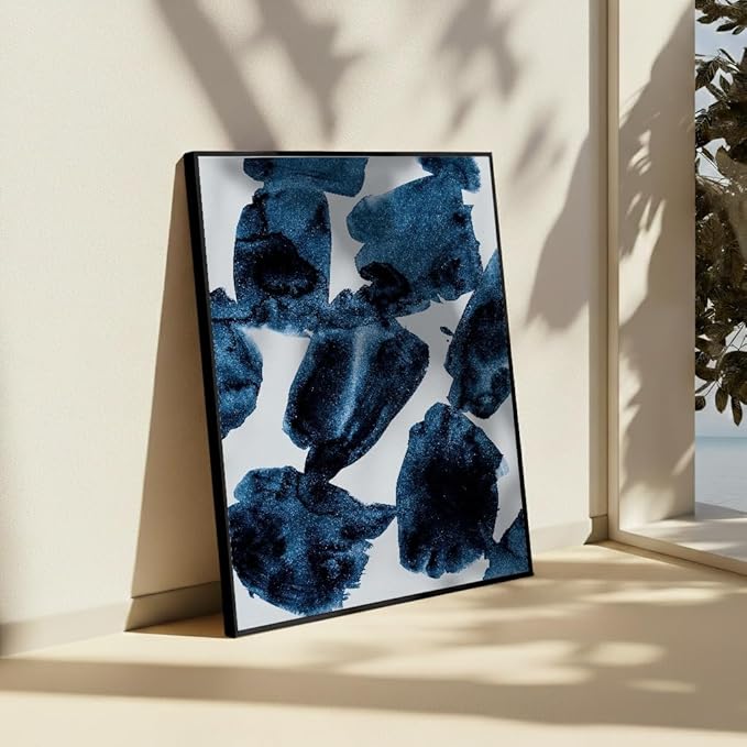 Monem Art Blue Abstract Watercolor Texture Print - Minimalist Modern Art Poster - Wall Decor for Living Room, Bedroom or Office - 24x32 Black Framed CANVAS Wall Art by Mareike Bohmer