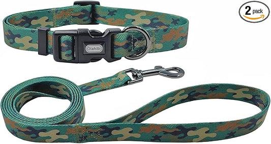 Dog Collar Leash Set, Camouflage Pattern, Polyester Material, Adjustable Collar and 5ft Matching Leash, for Medium Dogs.(M, Green Camo)