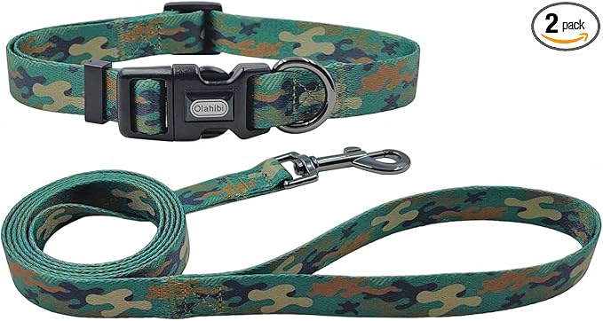 Dog Collar Leash Set, Camouflage Pattern, Polyester Material, Adjustable Collar and 5ft Matching Leash, for Large Dogs.(L, Green Camo)