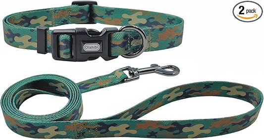 Dog Collar Leash Set, Camouflage Pattern, Polyester Material, Adjustable Collar and 5ft Matching Leash, for Large Dogs.(L, Green Camo)