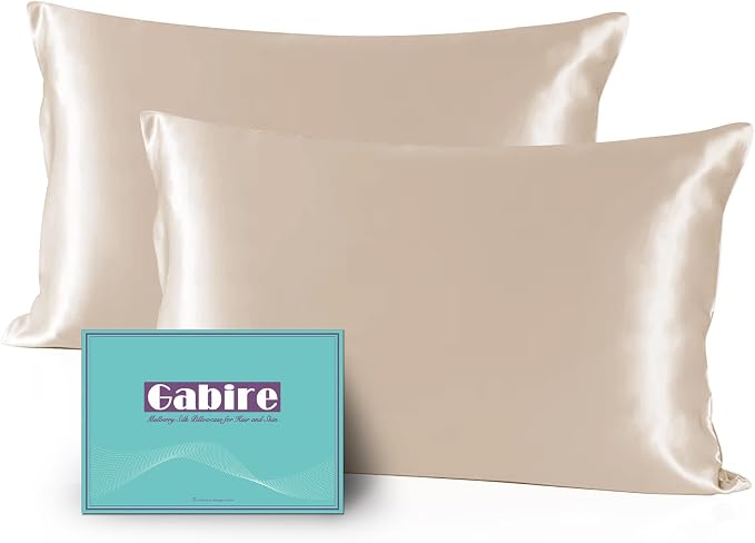 Gabire Mulberry Silk Pillow Cases Set of 2, Both Sides Real Silk Pillowcase for Hair and Skin Prevent Acne Pillowcase Organic Silk Pillowcase 2 Pack with Hidden Zipper, Champagne, Standard (20"×26")