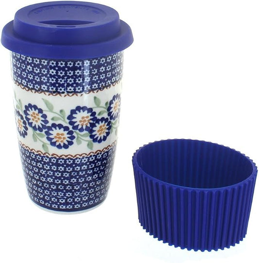 Blue Rose Polish Pottery - Yellow Peach Blossom Travel Coffee Mug - 12 oz - Mug for On-The-Go, Fits Most Car Cup Holders