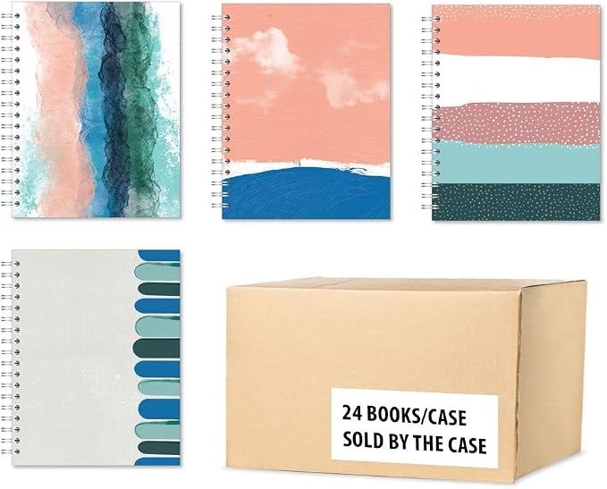 Case of 24, Small Spiral Bound Notebooks, Sustainability Designed, 9.75”x 7.5", 70 sheets (140 pages) 100% Recycled College Ruled Pages,4 Cover Designs,White,12601cs