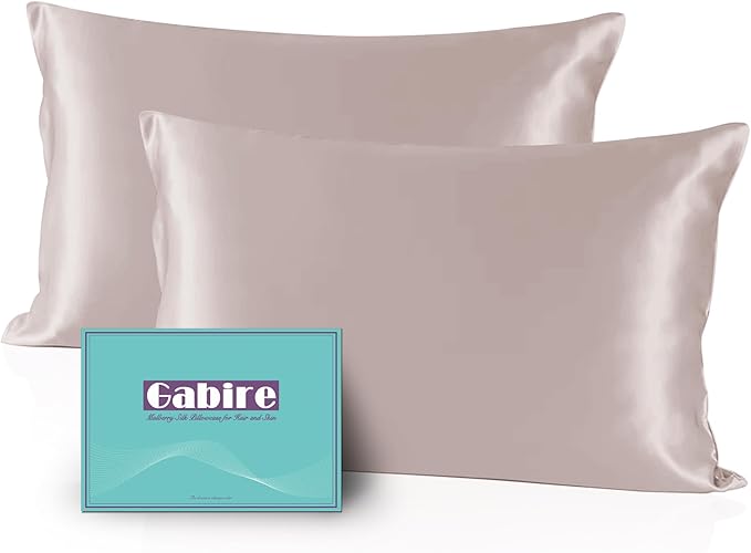 Gabire Mulberry Silk Pillowcases Set of 2, Both Sides Real Silk Pillow Covers for Hair and Skin Cool Pillowcase Organic Silk Pillowcase 2 Pack with Hidden Zipper, Apricot Grey, King (20"×36")