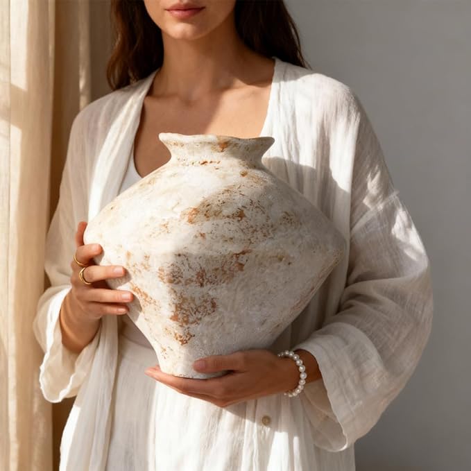 Wabi Sabi Vase 11.5" Whitewashed Distressed Ceramic Vase with Brown Speckles, Wide Mouth Rustic Vintage Vases for Table Centerpieces, Farmhouse Home Decor for Living Room Entryway Shelf