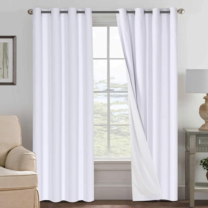H.VERSAILTEX Blackout Curtains Linen Curtains 120 inches Long 100% Black Out Curtains for Bedroom Windows, Textured Linen Look Draperies Grommet with White Liner, 2 Panels, Bright White