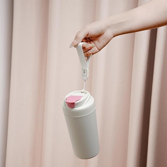 16oz Ceramic Travel Mug with Lid- 100% Real Ceramic Liner (No Coating), Heat-Resistant Outer Wall, Leak-Proof Lid with Detachable Strap, Fits Car Cup Holder