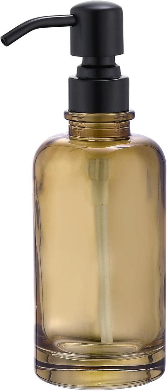 Glass Soap Dispenser Brown with Black Pump, 11 OZ Liquid Soap Dispenser Amber Cylindrical Bottle with Stainless Steel Pump for Dish Hand Soap Bathroom Kitchen Vanity Countertop
