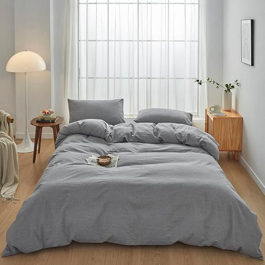 FACE TWO FACE Bedding Duvet Cover Set100% Washed Cotton Duvet Cover Linen Like Textured Breathable Durable Soft Comfy (Full, Light Grey)