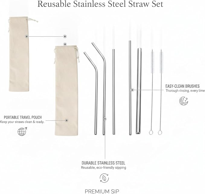 Reusable Stainless Steel Straw Set with Cleaning Brushes & Travel Pouch - 7 Piece Eco-Friendly Kit