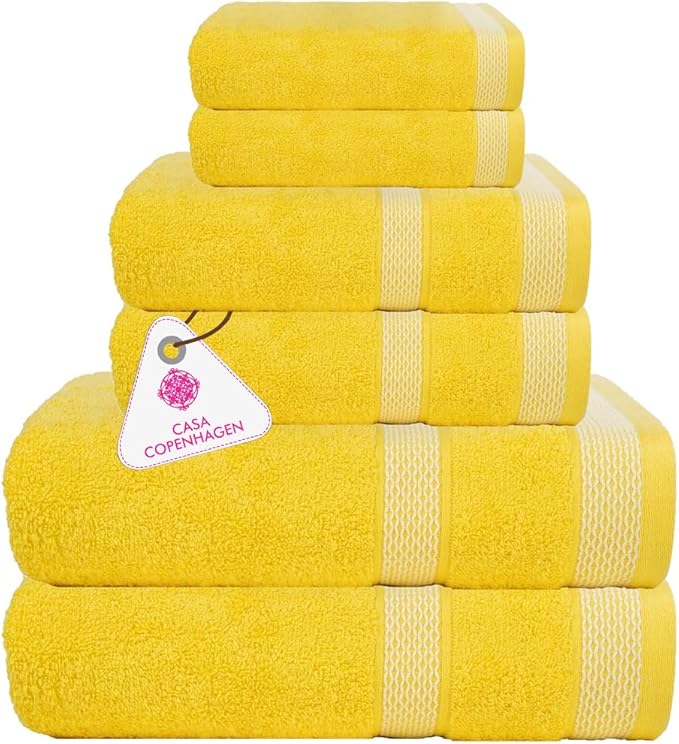CASA COPENHAGEN Solitaire 6Pcs 100% Egyptian Cotton Large Designer Towels Gift Set- Light Yellow, 600GSM, 2Bath 2Hand 2Washcloths, Bath Towels for Bathroom Set for Women & Men
