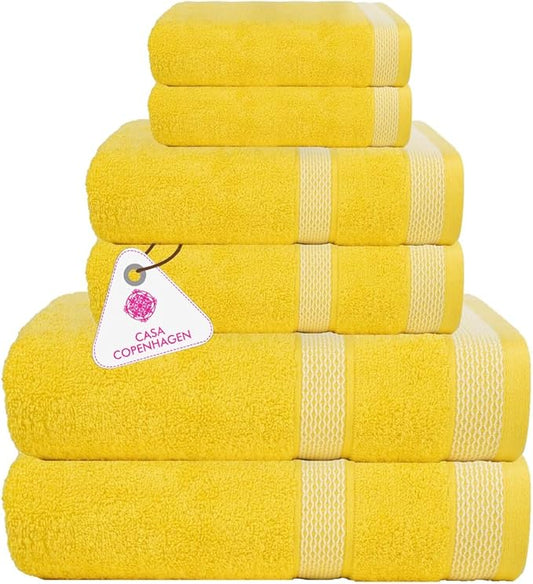 CASA COPENHAGEN Solitaire 6Pcs 100% Egyptian Cotton Large Designer Towels Gift Set- Light Yellow, 600GSM, 2Bath 2Hand 2Washcloths, Bath Towels for Bathroom Set for Women & Men