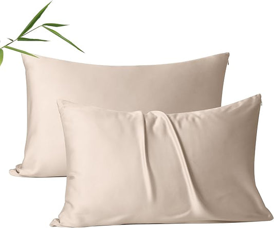 2 Pack Cooling Pillow Cases,Viscose Derived from Bamboo Pillow Protectors King Size Set of 2, 400 Thread Count Soft Silky Breathable Summer Pillow Cover with Zipper Hidden (2PCS, King, Beige)