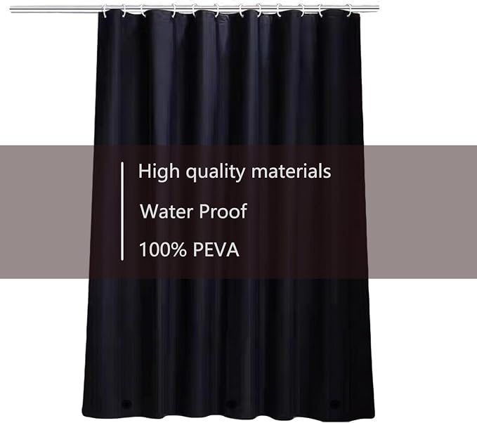 TIKABC Black Shower Curtain Liner, 4G PEVA Shower Liner, Plastic Peva Waterproof Shower Curtains, 72x72 inch with Grommet Holes 3 Magnetic Weights