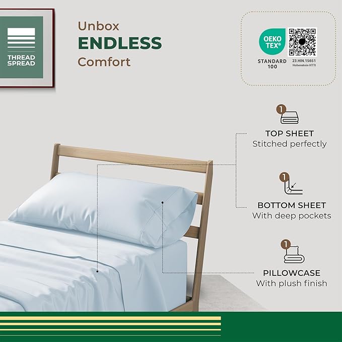 THREAD SPREAD 100% Organic Cotton Sheets Twin Size - 3 PC Organic Cotton Twin Size Percale Weave Sheet Set, Soft, Cooling & Crisp, 16" Deep Pocket Bedding Set for Dorm Room - Light Blue