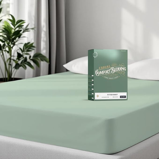 TEXAS LINEN CO. 100% Organic Cotton Percale Weave Fitted Sheet Twin XL Size, Sea Foam, 1 Deep Pocket Twin XL Fitted Sheet, Fits Mattress Upto 16" Crisp and Cool Bed Linen, Luxury GOTS Certified Sheets