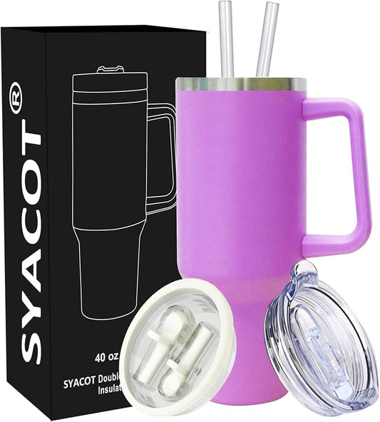 SYACOT 40 oz Tumbler with Handle and Straw Stainless Steel Insulated Tumbler Leak Proof Lid and Straw Lid Reusable Travel Mug Coffee Mug Cup Dishwasher Safe Keep Drinks Cold and Hot (Lilac)
