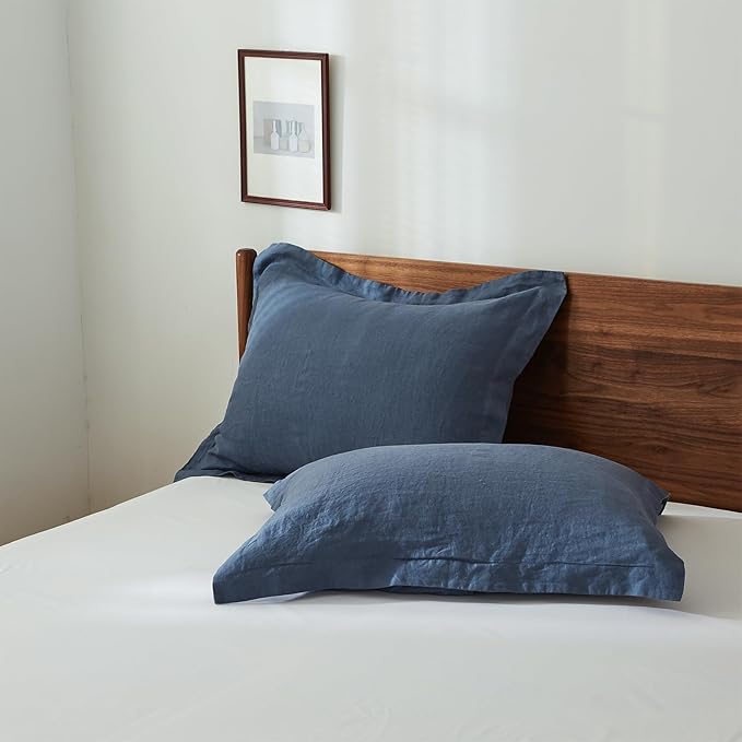 100% French Linen Pillow Shams Basic Style - Pack of 2 - Washed Solid Color Natural Flax Soft Breathable - Classic Blue, 20'' x 26''